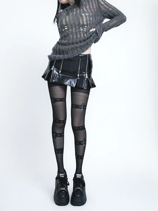 Rebellious punk style strappy jacquard y2k stockings
