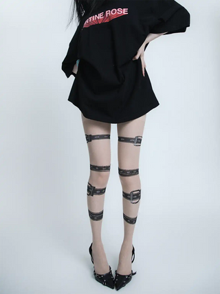 Rebellious punk style strappy jacquard y2k stockings