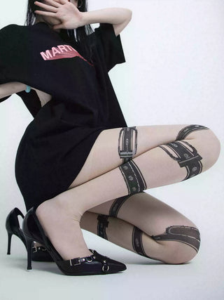 Rebellious punk style strappy jacquard y2k stockings