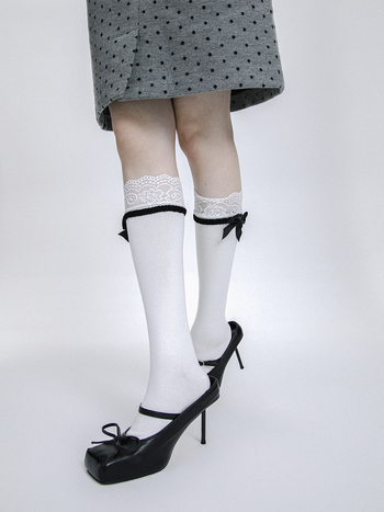 Lace satin bow knee-length calf socks