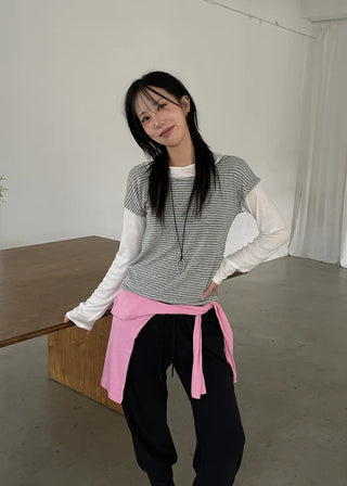 (2 colors) Striped Double Layered T-shirt