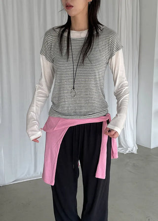 (2 colors) Striped Double Layered T-shirt