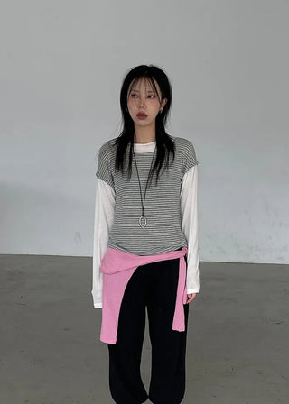 (2 colors) Striped Double Layered T-shirt
