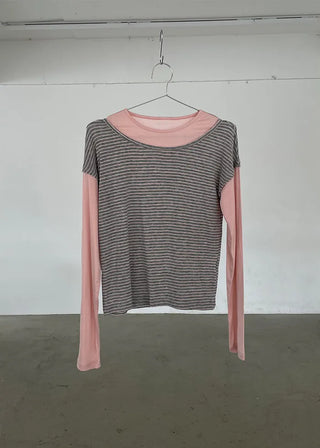 (2 colors) Striped Double Layered T-shirt