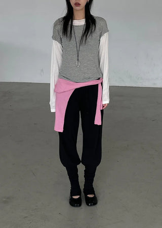 (2 colors) Striped Double Layered T-shirt
