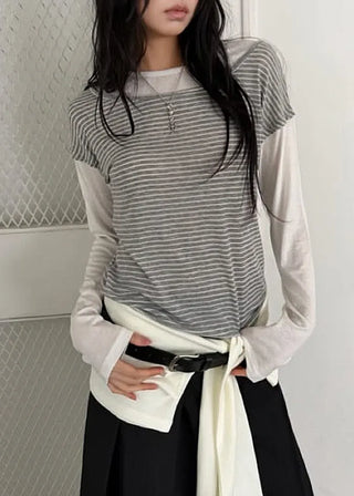 (2 colors) Striped Double Layered T-shirt
