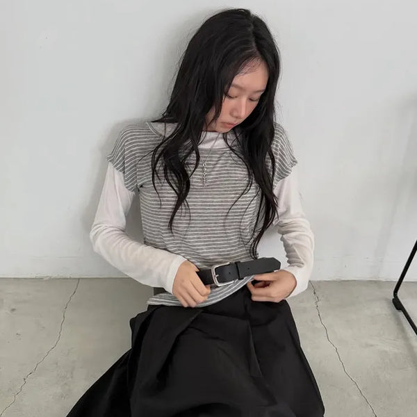 (2 colors) Striped Double Layered T-shirt
