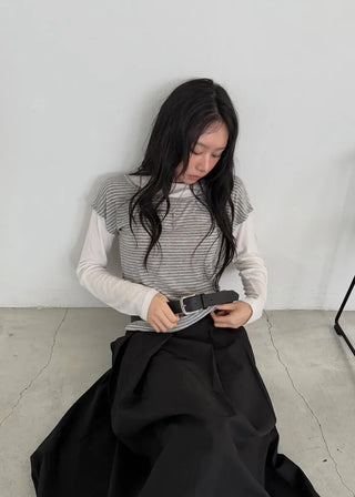 (2 colors) Striped Double Layered T-shirt