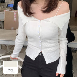 Button-up sailor off-shoulder T-shirt (5 colors)
