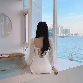[With built-in cups] See-through sleeve ruffle monokini