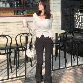 Button-up sailor off-shoulder T-shirt (5 colors)