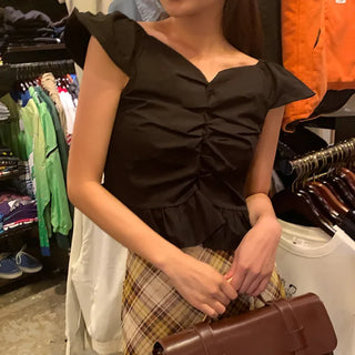 Shirred frill elastic blouse