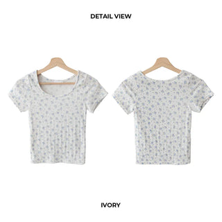 Ribbed Flower U-Neck T-Shirt