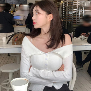 Button-up sailor off-shoulder T-shirt (5 colors)