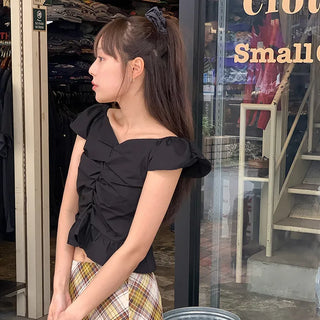 Shirred frill elastic blouse