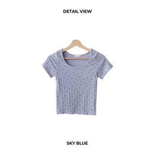 Ribbed Flower U-Neck T-Shirt