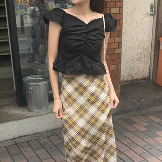 Shirred frill elastic blouse