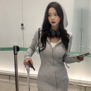 Slim 2-Way Zip-Up Hooded Dress (3 colors)