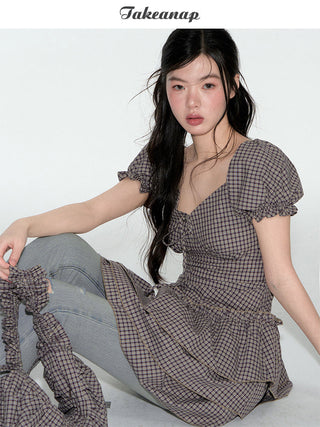 [TAKEANAP] plaid V-neck dress
