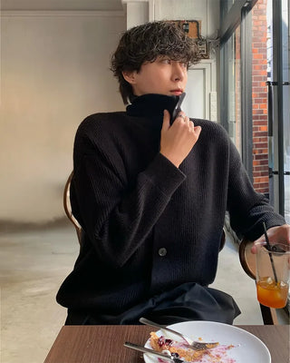 (Unisex) High-neck button-up ribbed cardigan