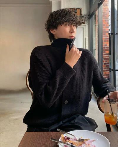 (Unisex) High-neck button-up ribbed cardigan