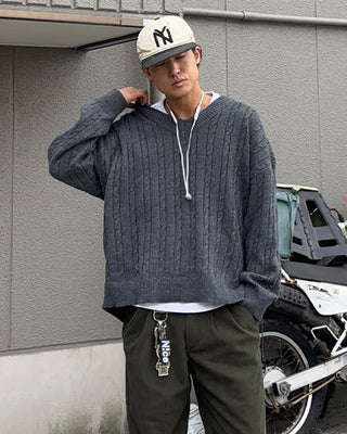 Cable knit oversized V-neck sweater