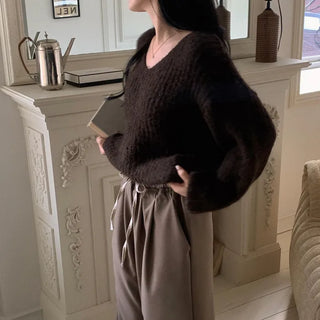 Openwork V-neck knit sweater