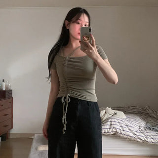 Shirred short-sleeved T-shirt