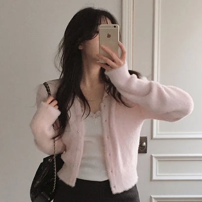 Slim soft fur collar cardigan