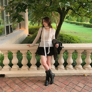 See-through tie boucle knit T-shirt