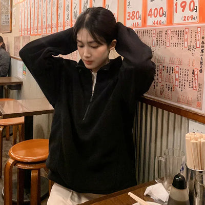 Loose-fit fleece half-length hoodie