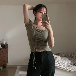 Shirred short-sleeved T-shirt