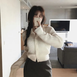 Slim soft fur collar cardigan