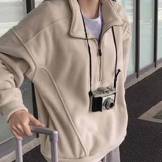 Loose-fit fleece half-length hoodie