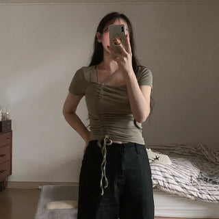 Shirred short-sleeved T-shirt