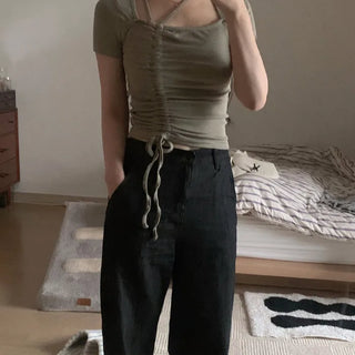 Shirred short-sleeved T-shirt