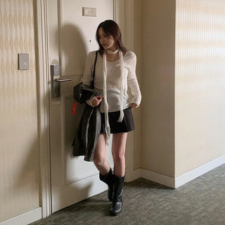 See-through tie boucle knit T-shirt