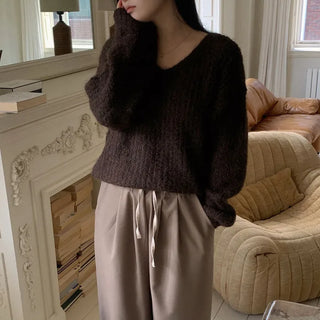Openwork V-neck knit sweater