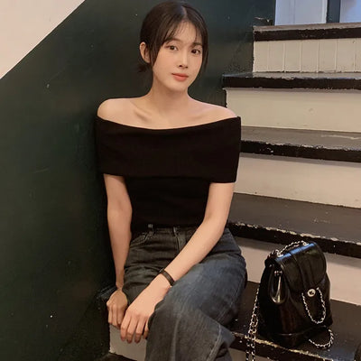 Off-shoulder slim knit - 3 colors