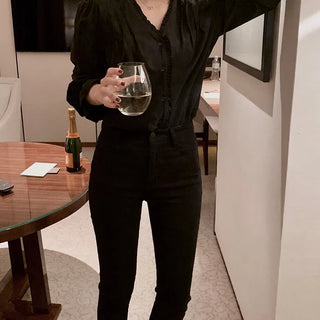 (basic/long) Brushed-back black skinny jeans - 3 sizes