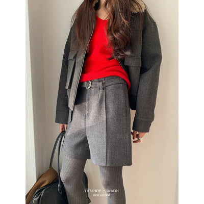 belted wool shorts