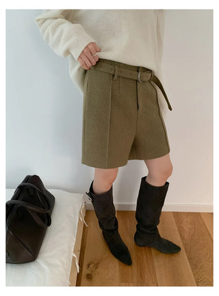 belted wool shorts