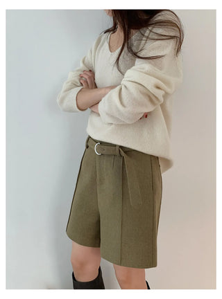 belted wool shorts