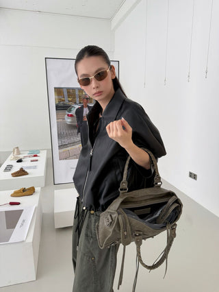 Lapel Drawstring Leather Coat