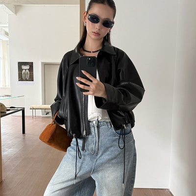 Lapel Drawstring Leather Coat