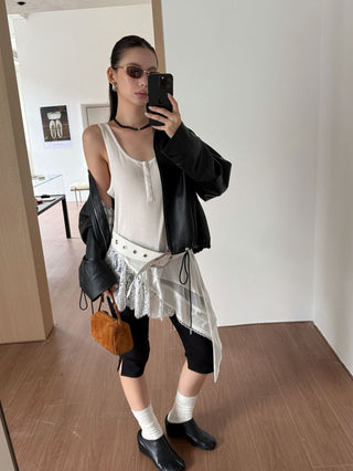 Lapel Drawstring Leather Coat