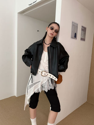 Lapel Drawstring Leather Coat