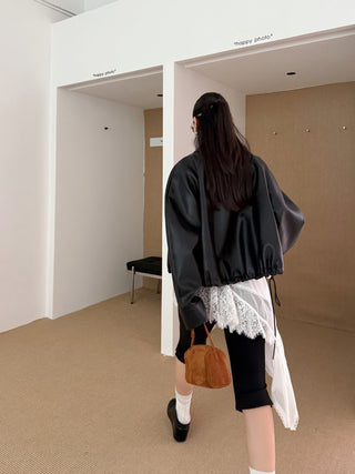 Lapel Drawstring Leather Coat