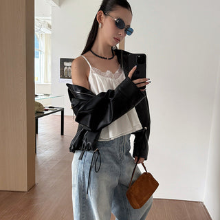 Lapel Drawstring Leather Coat