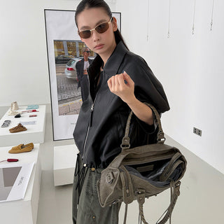 Lapel Drawstring Leather Coat